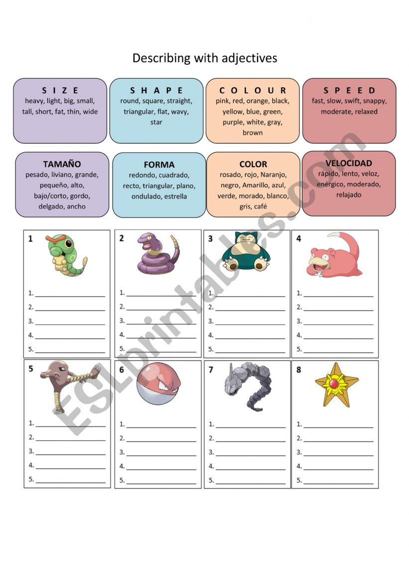 Describing pokemon worksheet
