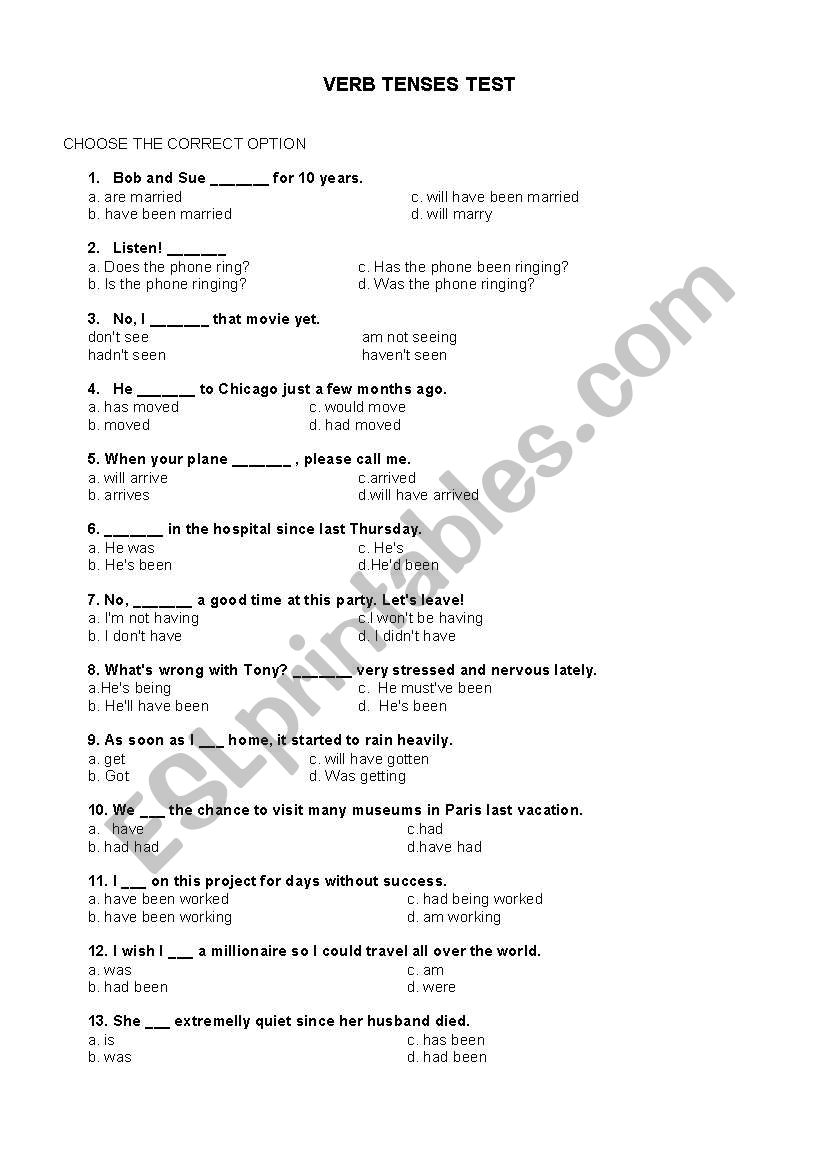 Verb tenses test worksheet