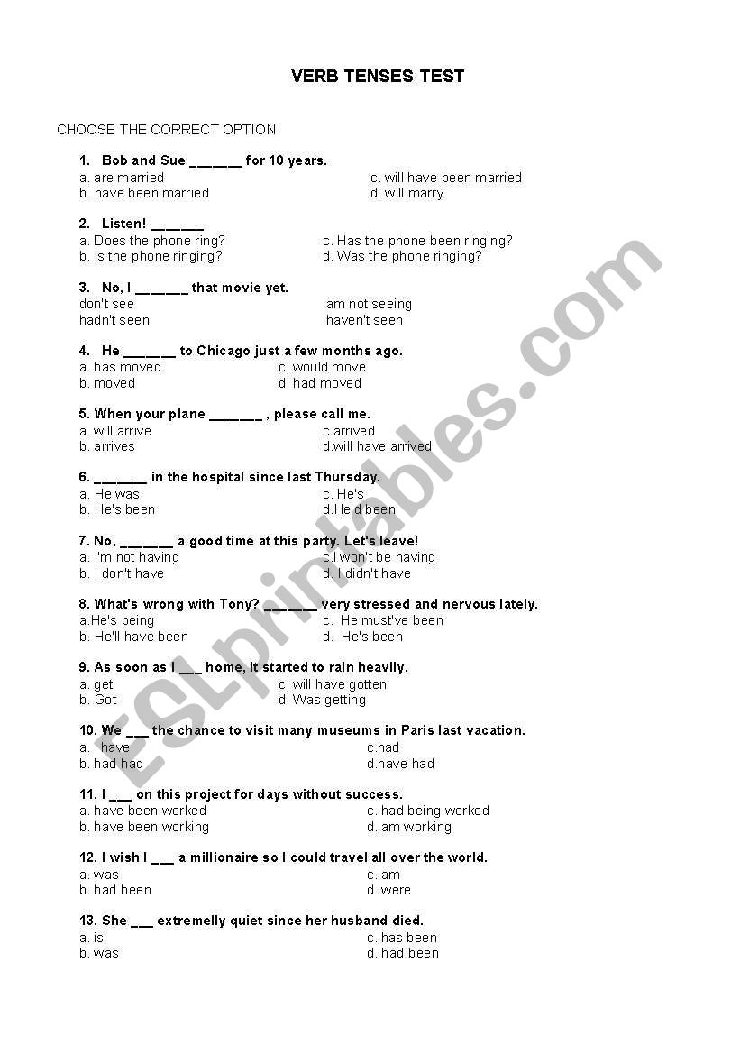 Verb tenses test worksheet