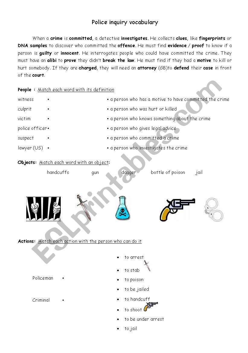 Police inquiry vocabulary worksheet