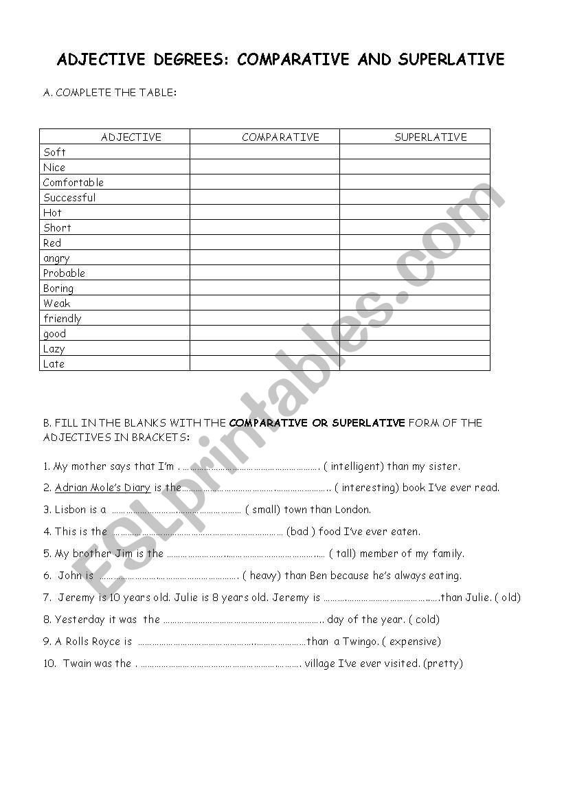 Adjective degrees worksheet