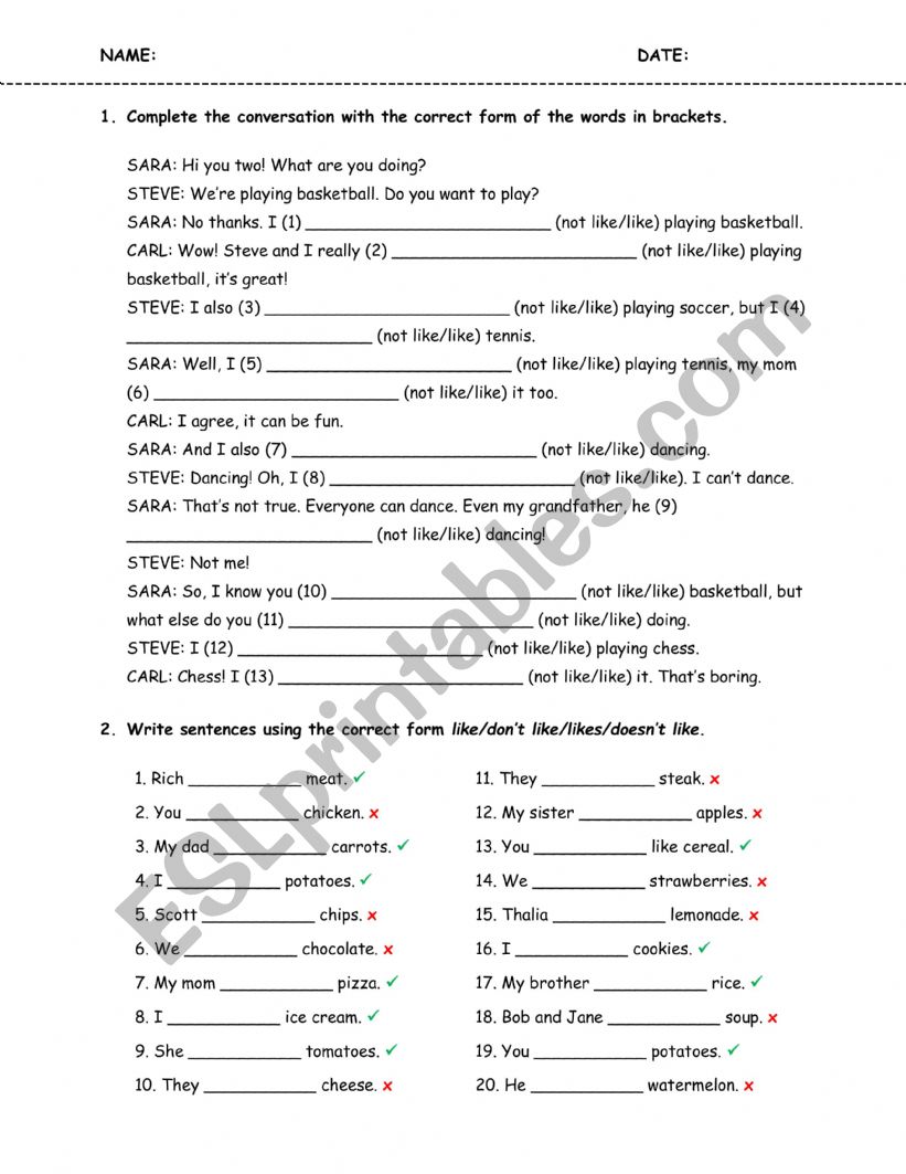 Like and Don�t like worksheet
