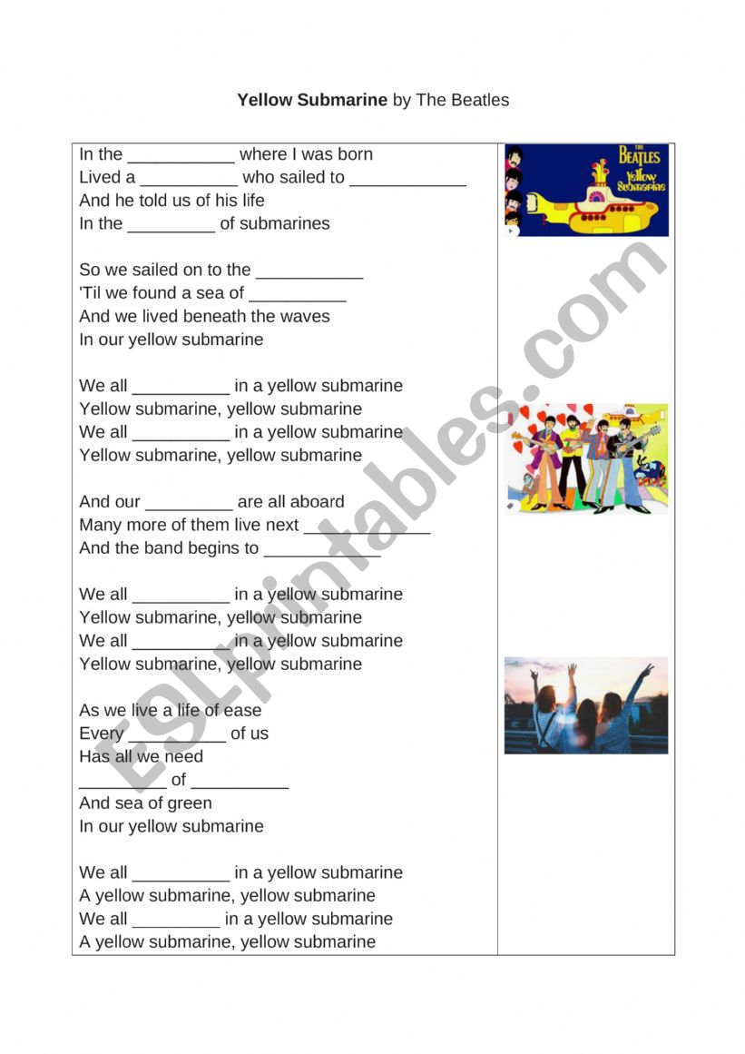 yellow submarine worksheet