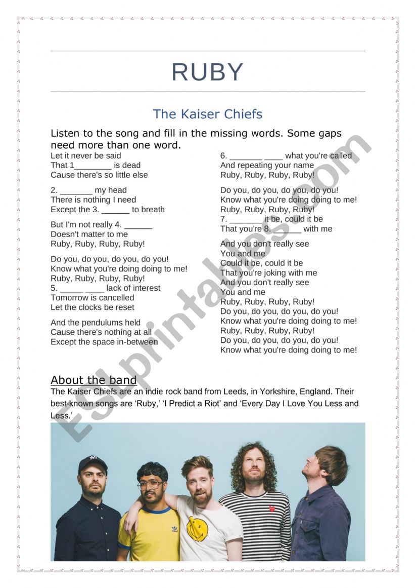 Song Worksheet - Kaiser Chiefs - Ruby