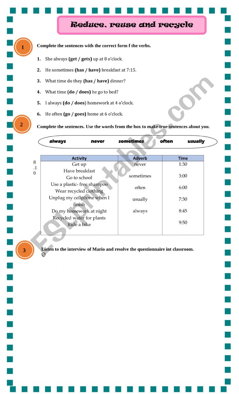 eco- friendly routines worksheet