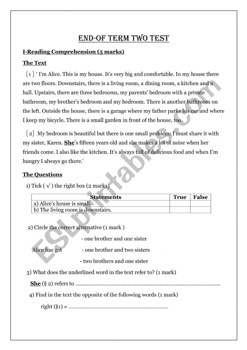 end term test  7th form worksheet