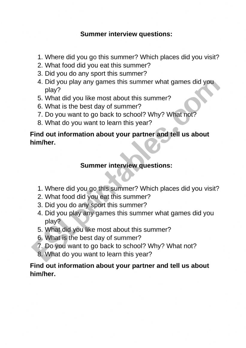 summer holidays questions  worksheet