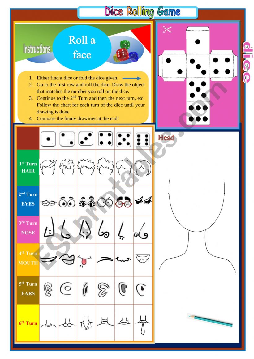 Roll a Face- Drawing Game worksheet