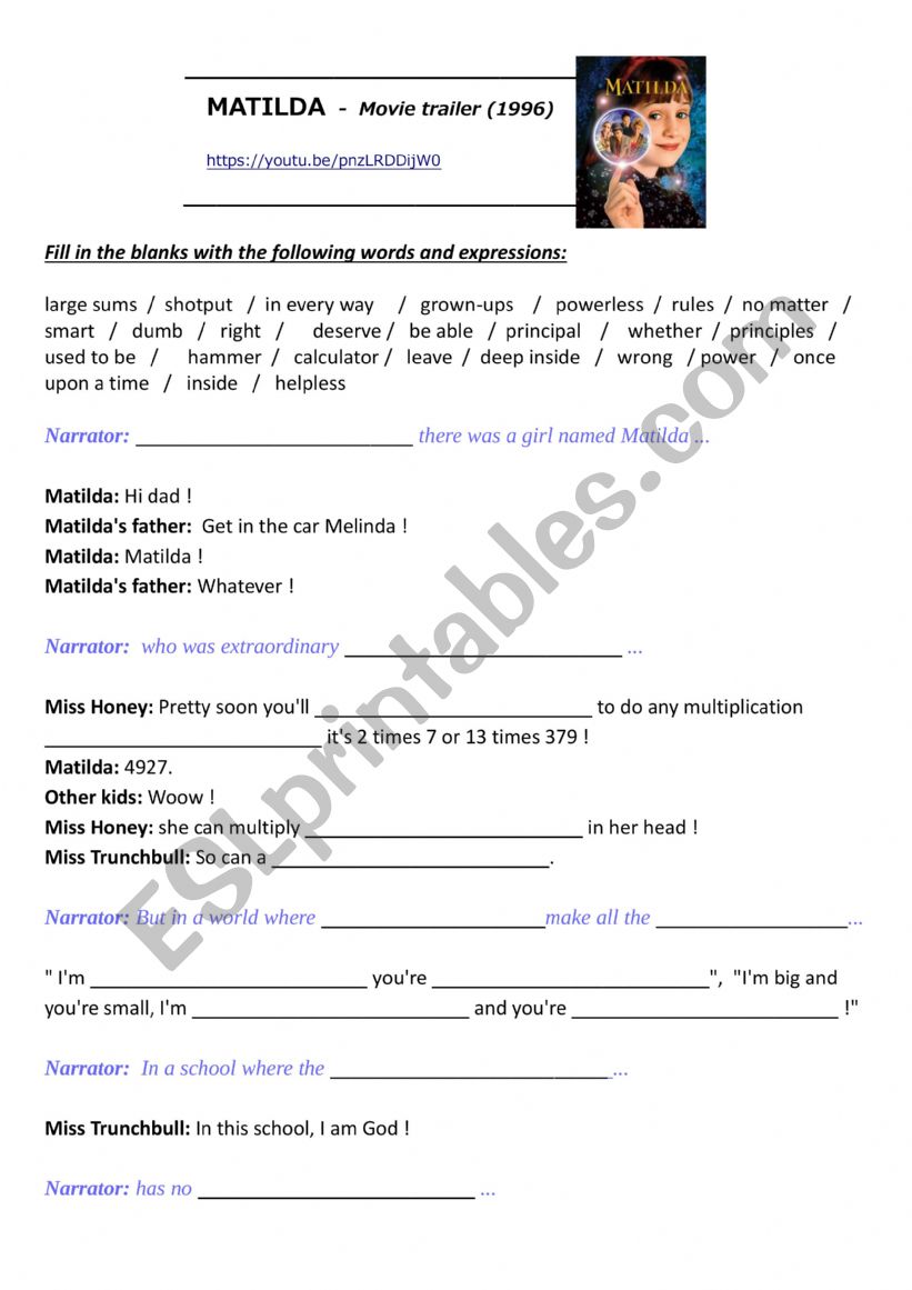 MATILDA MOVIE TRAILER worksheet