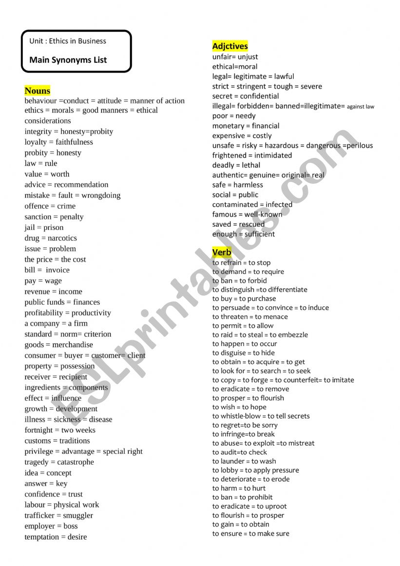 1- Ethics synonyms opposits list for learners