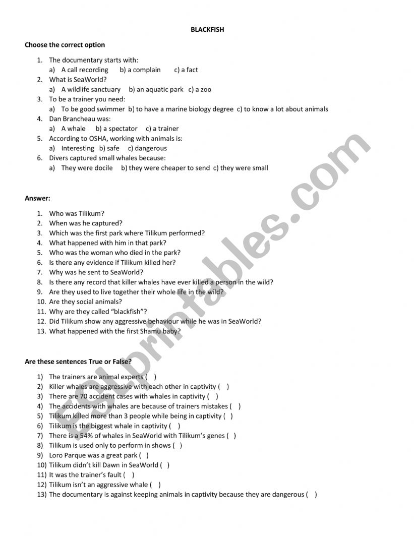 Blackfish documentary worksheet