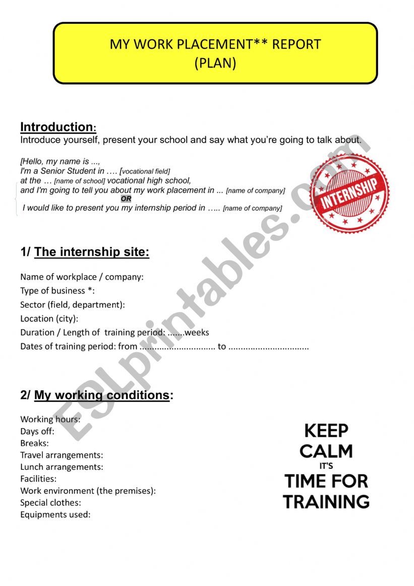Work placement report worksheet