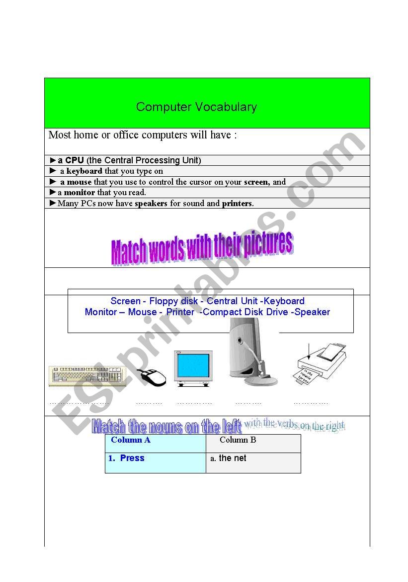 computer   vocabulary   worksheet