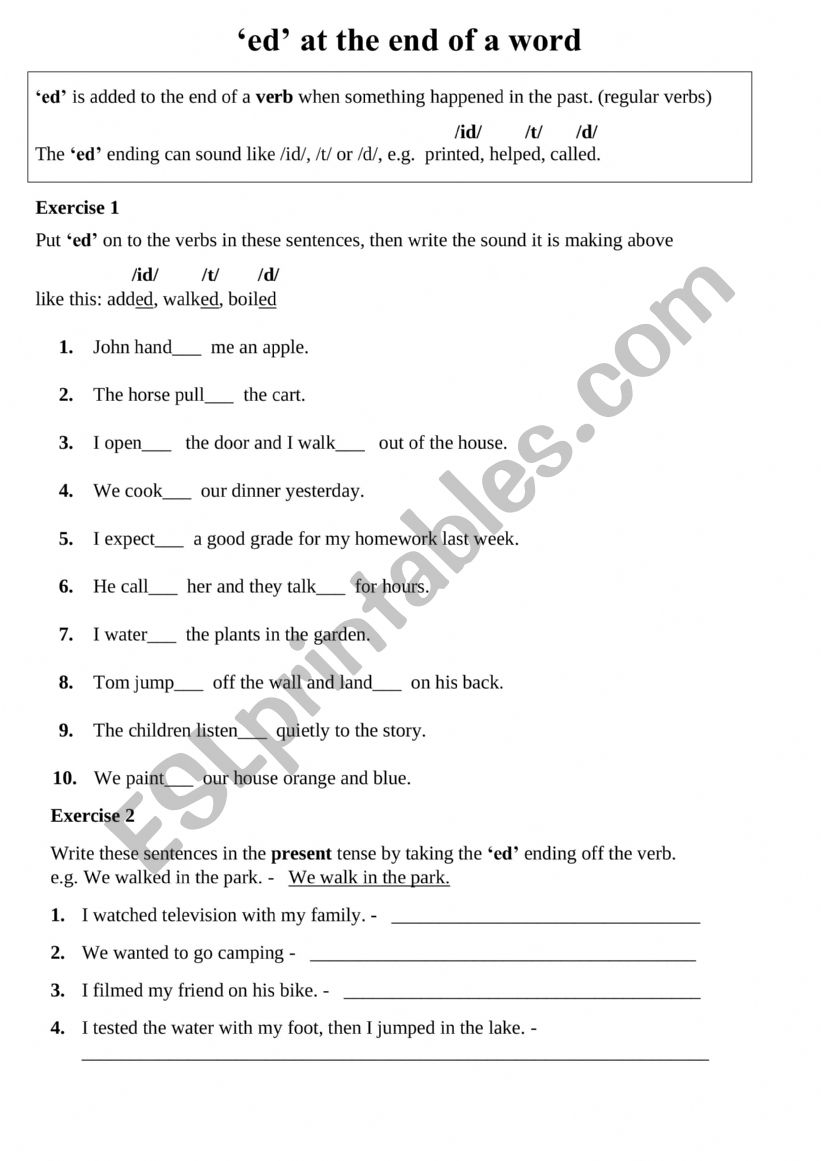 ed at the end of a word worksheet