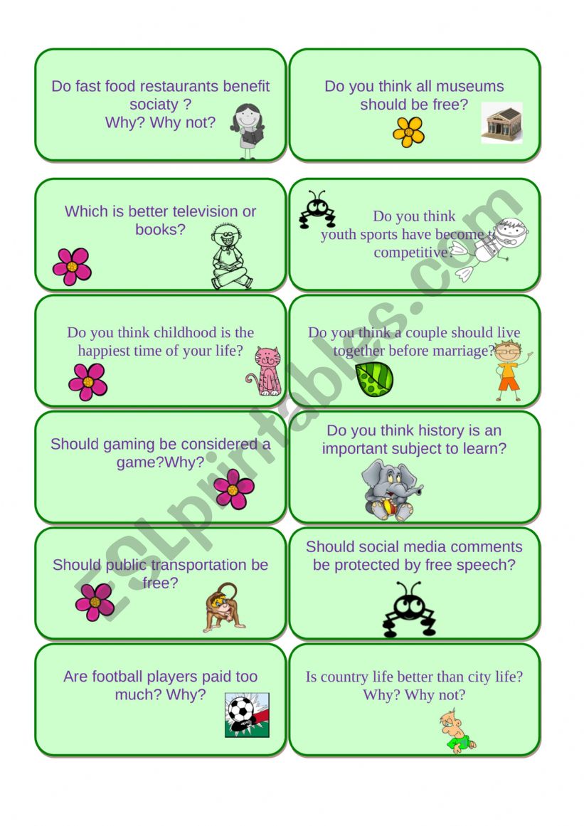 Speaking cards worksheet