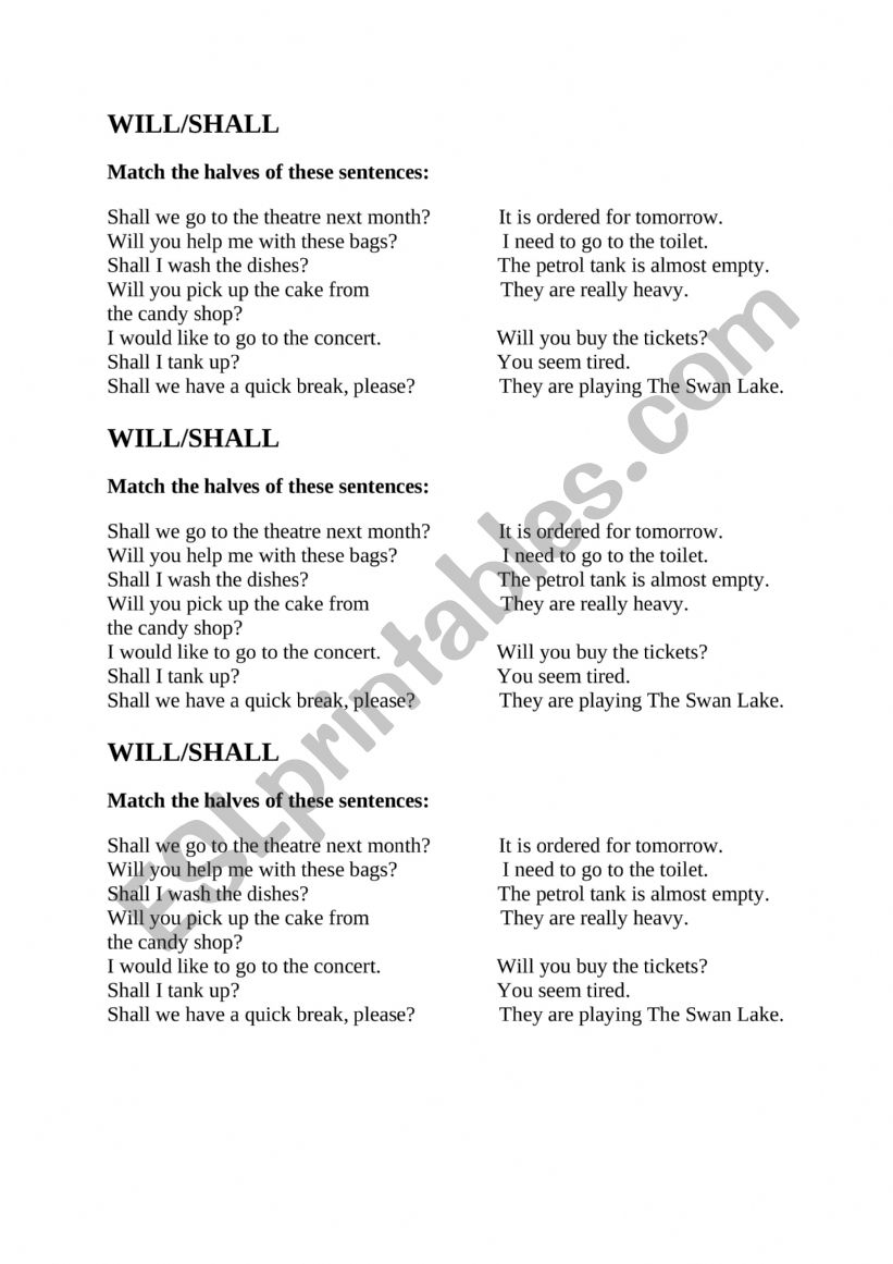 Will and Shall exercises worksheet