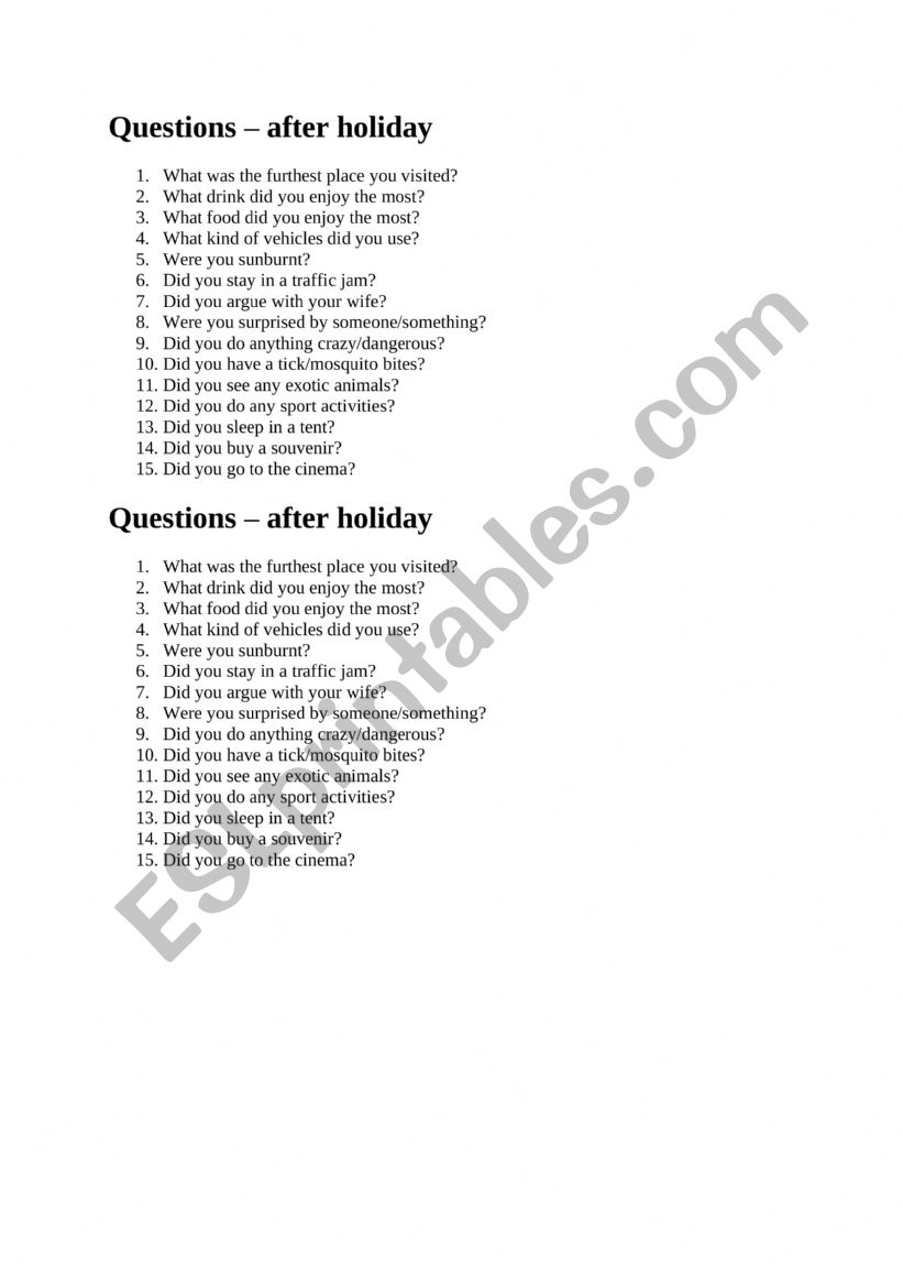 After holiday questions esl worksheet by zelva