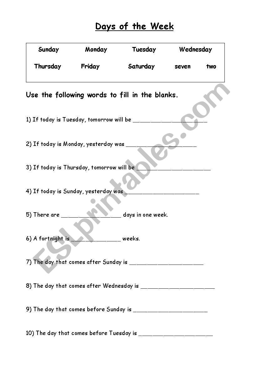 Days of the week  worksheet