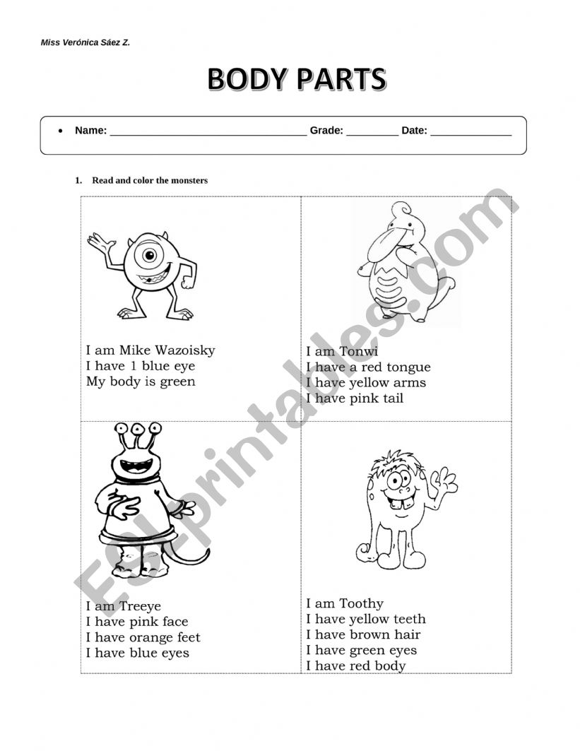 monsters body parts worksheet