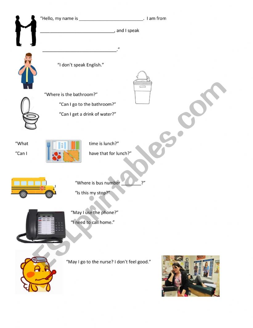 Newcomer beginning phrases worksheet