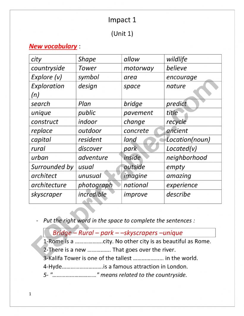 Impact 1 worksheet