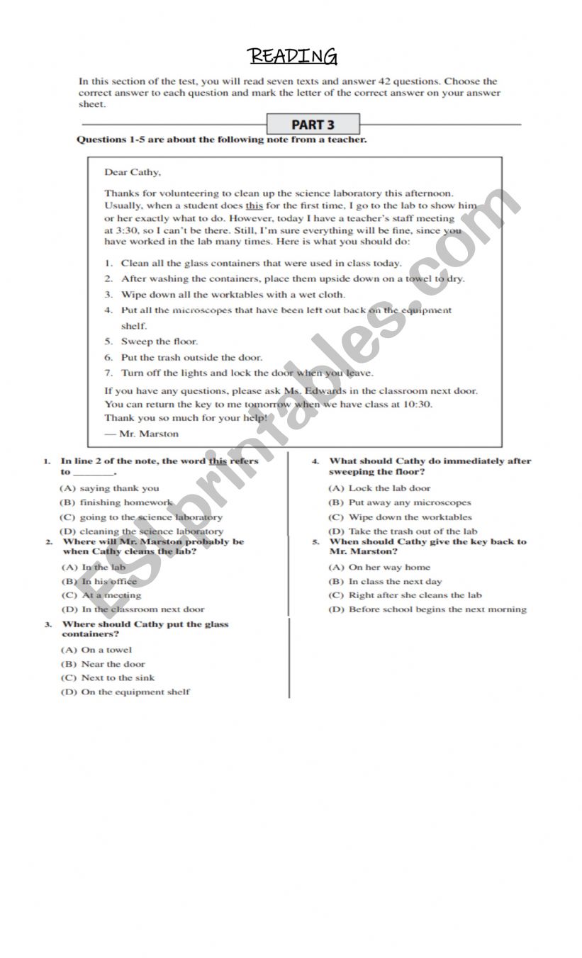 READING SKILL TOEFL JUNIOR worksheet