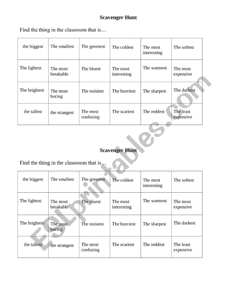 Comparatives and superlatives scavenger hunt