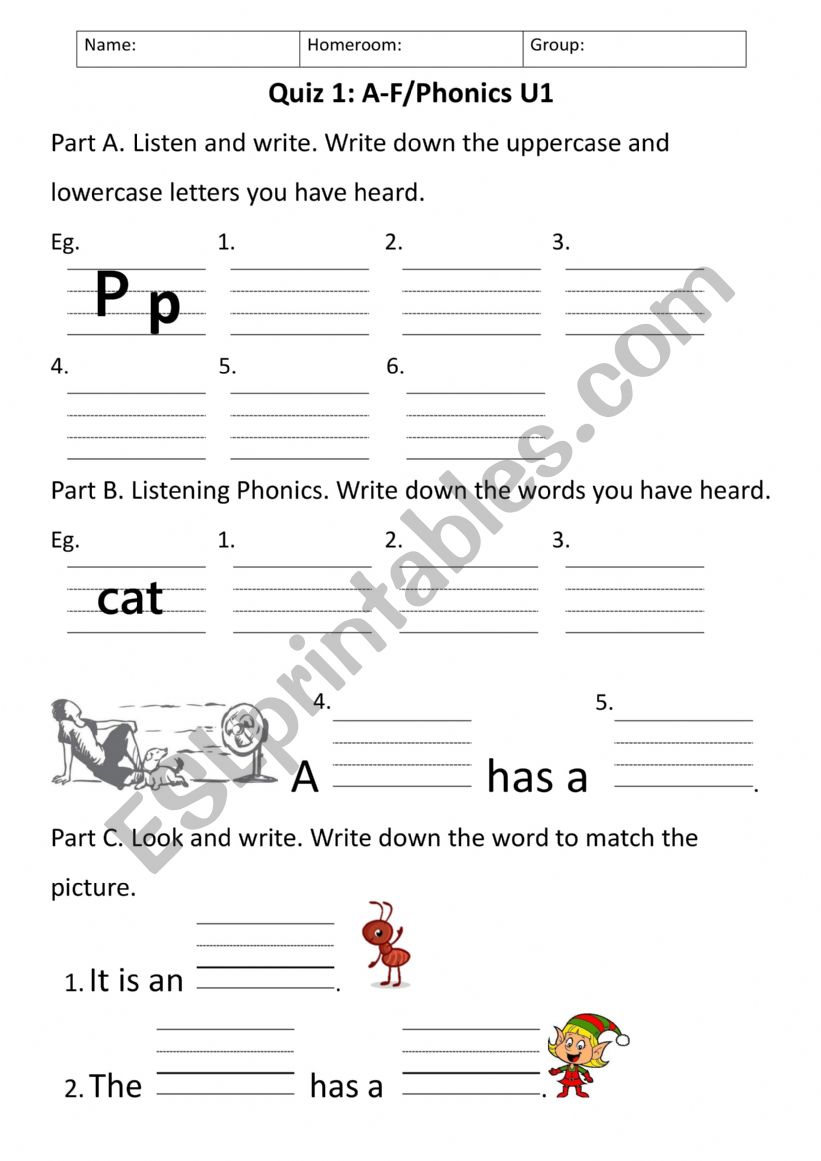 Quiz on Letter A to F worksheet