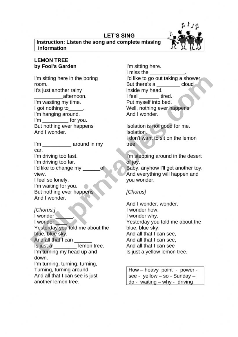 lemon tree song worksheet
