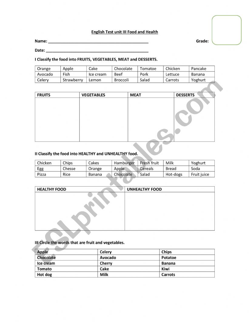 Food and health worksheet