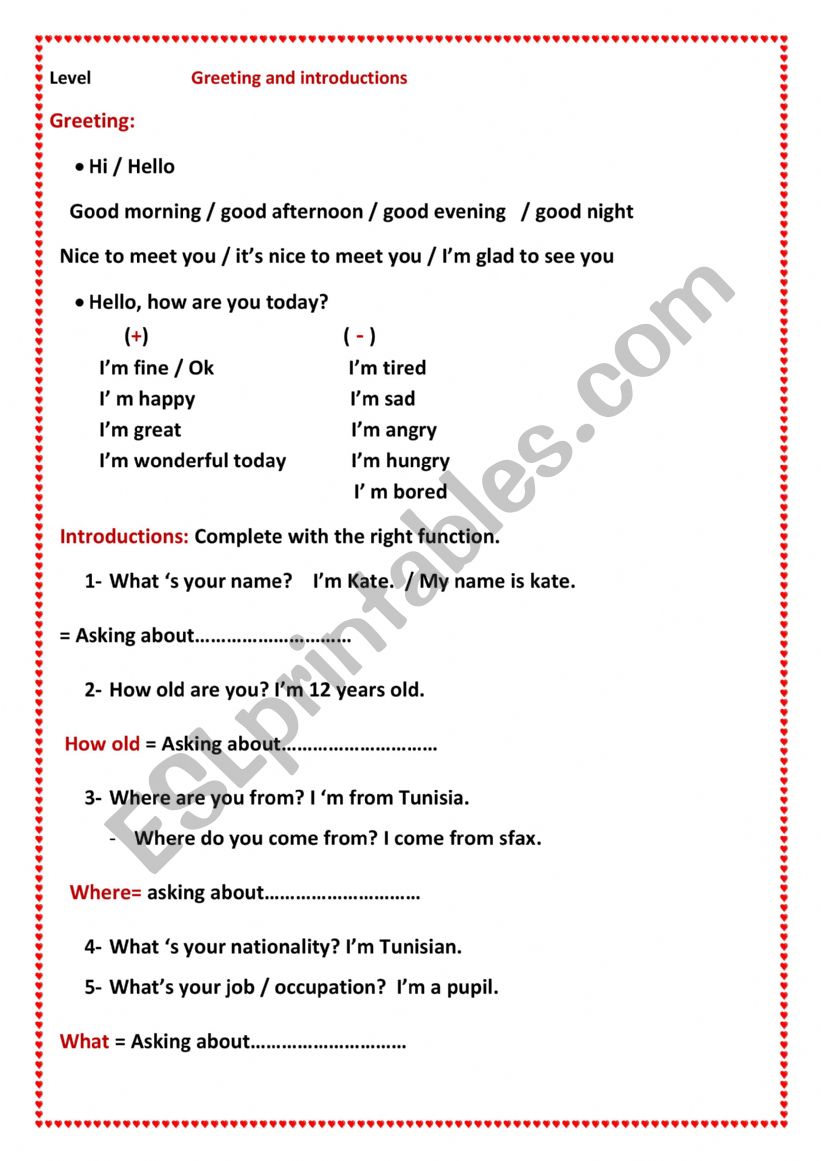 greetings worksheet