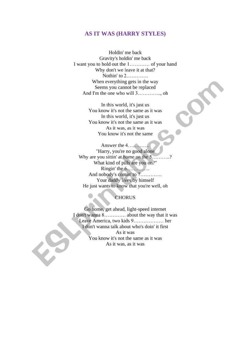 As it was (song) worksheet