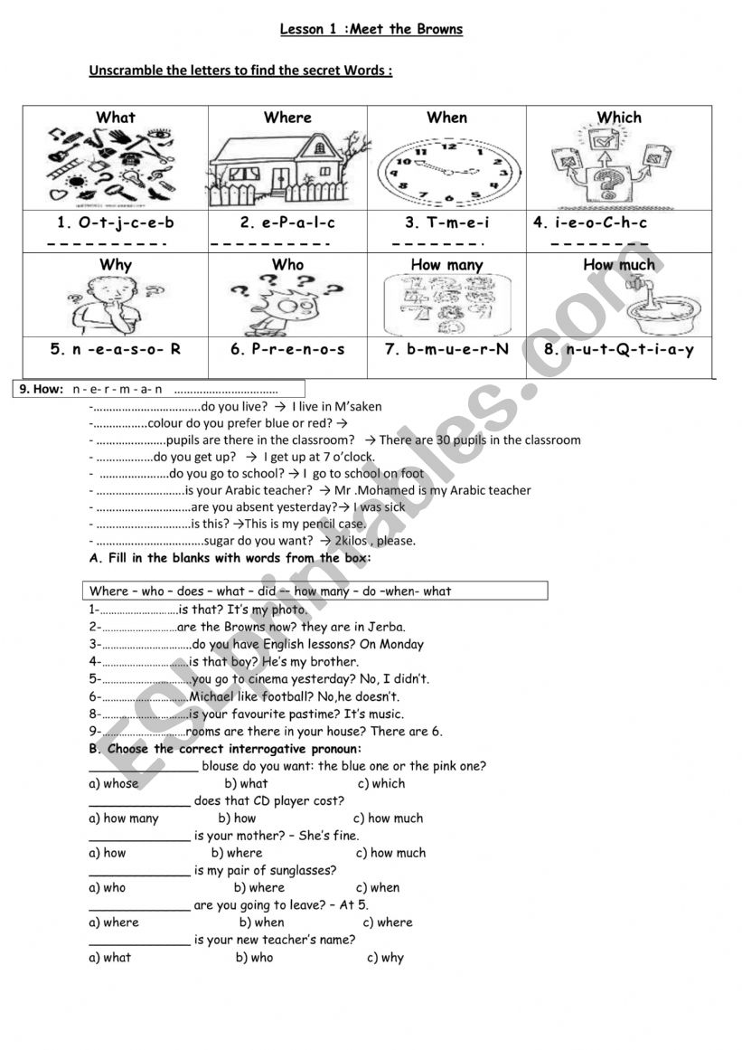 Meet the Browns 8th form worksheet