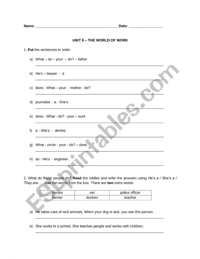 Professions worksheet