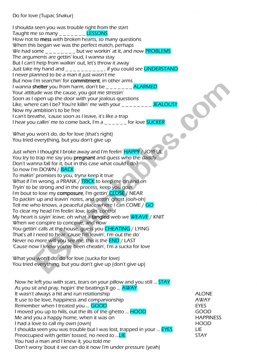 Do for ove (Tupac) worksheet