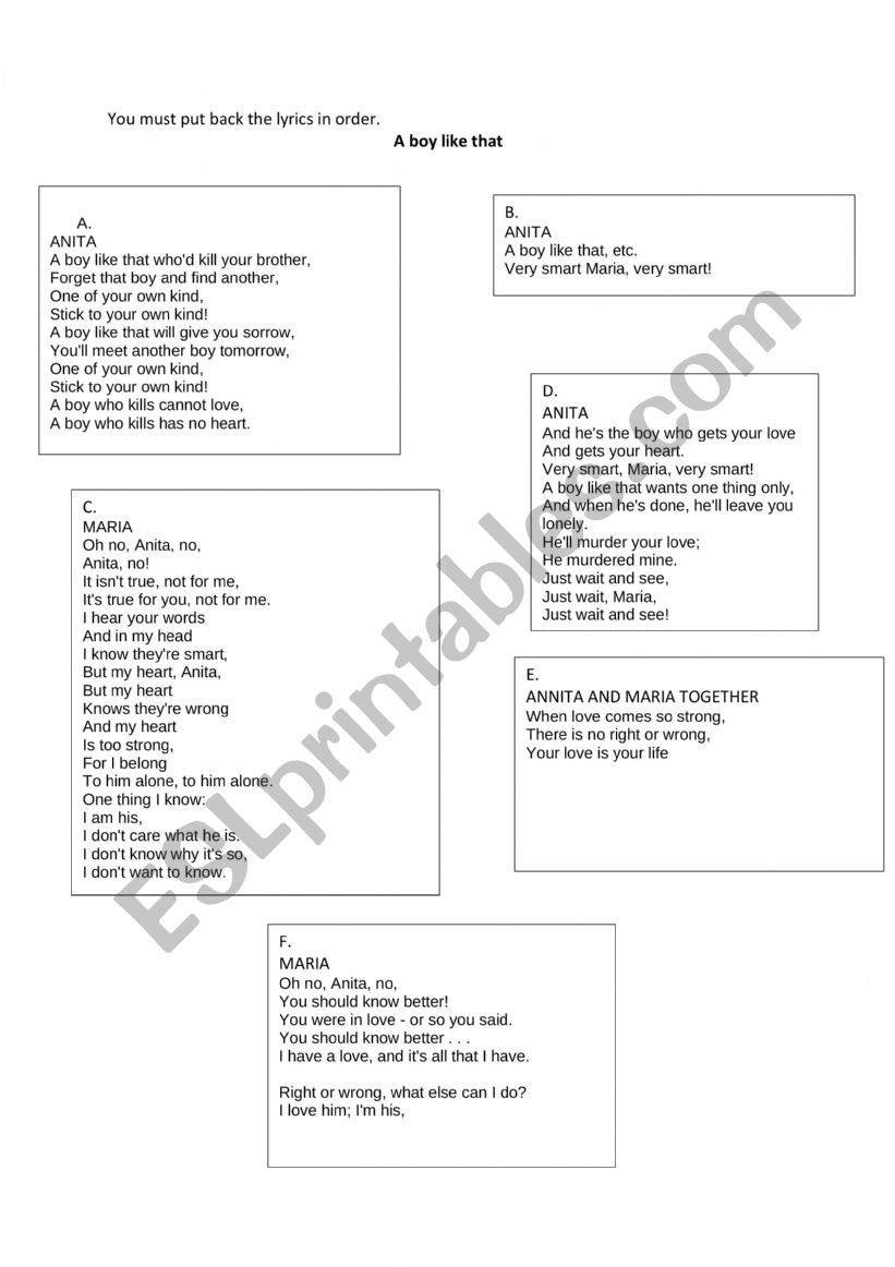 west side story lyrics game worksheet