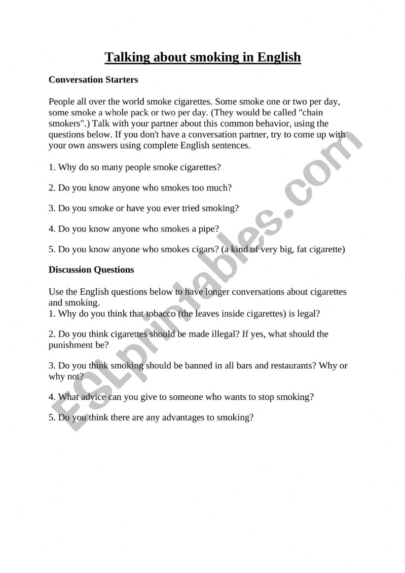 Discussion about smoking worksheet