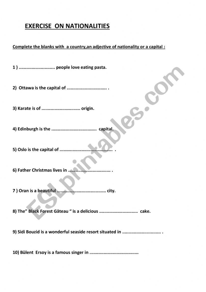 EXERCISE ABOUT NATIONALITIES worksheet
