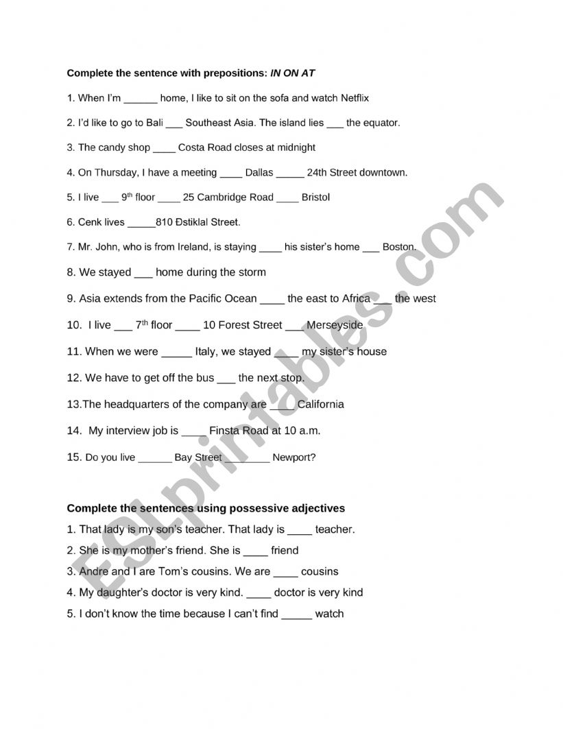 prepositin worksheet