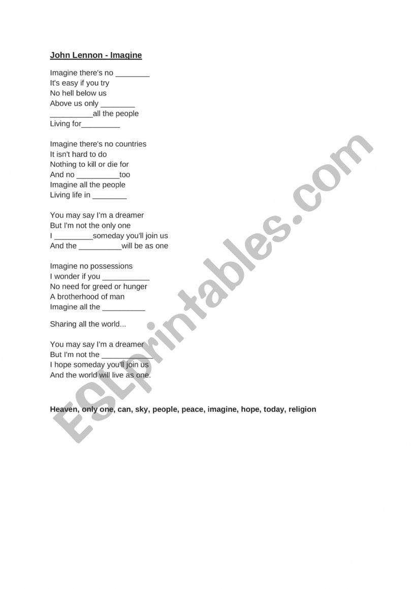 John Lennon - Imagine (gap fill song)