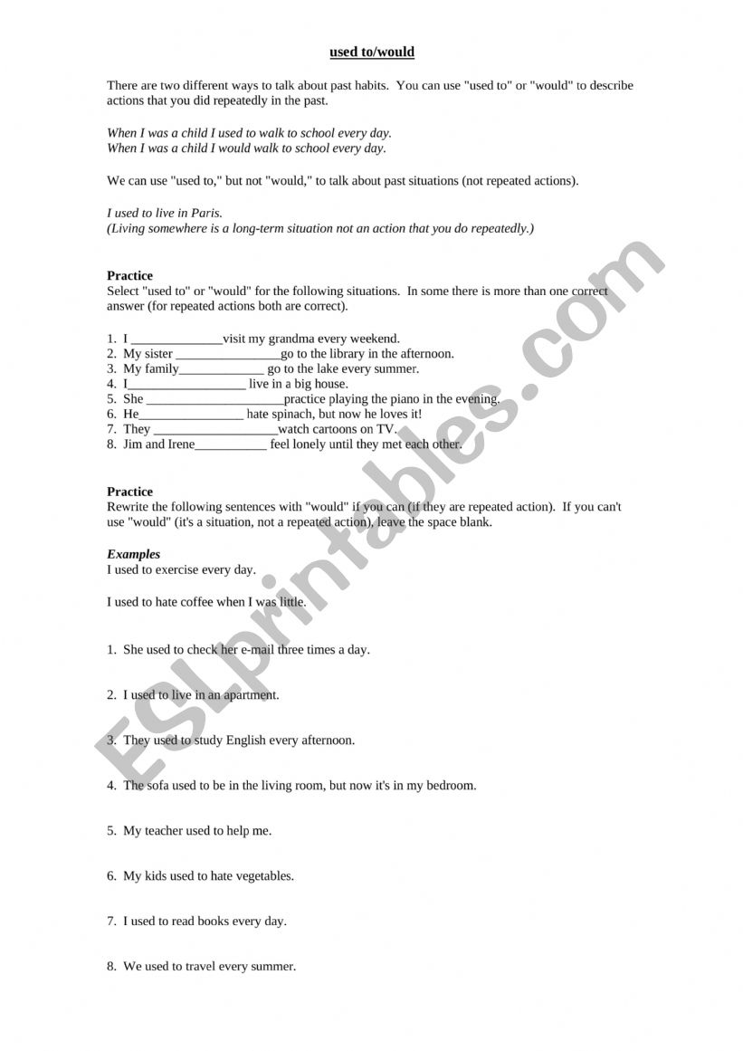 USED TO VS. WOULD worksheet