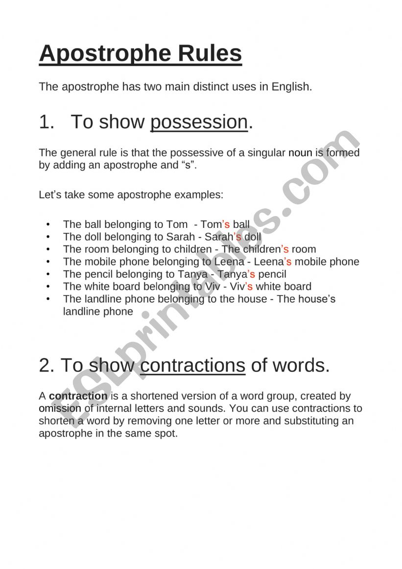Apostrophe Rules and Worksheet