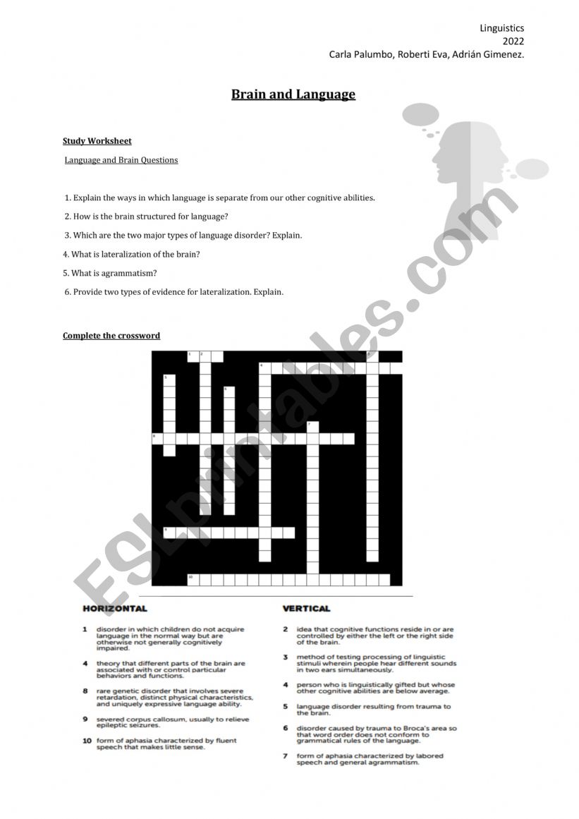 brain and language activities. linguistics