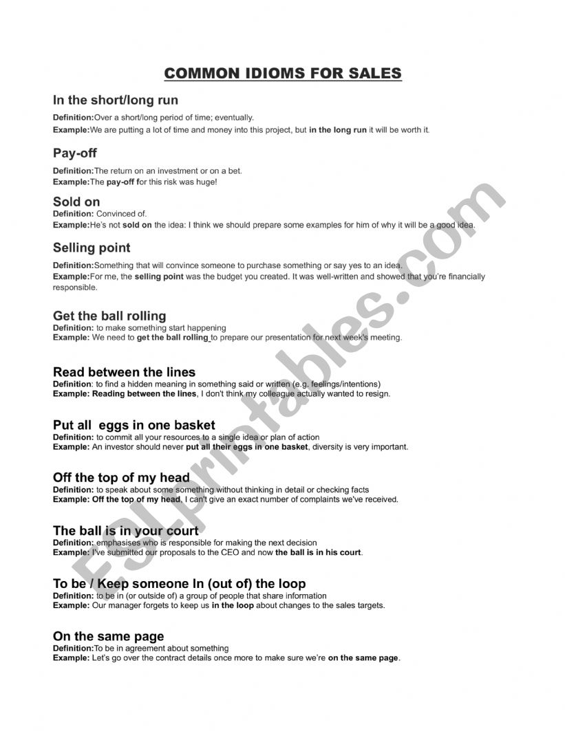 Common Sales Idioms worksheet