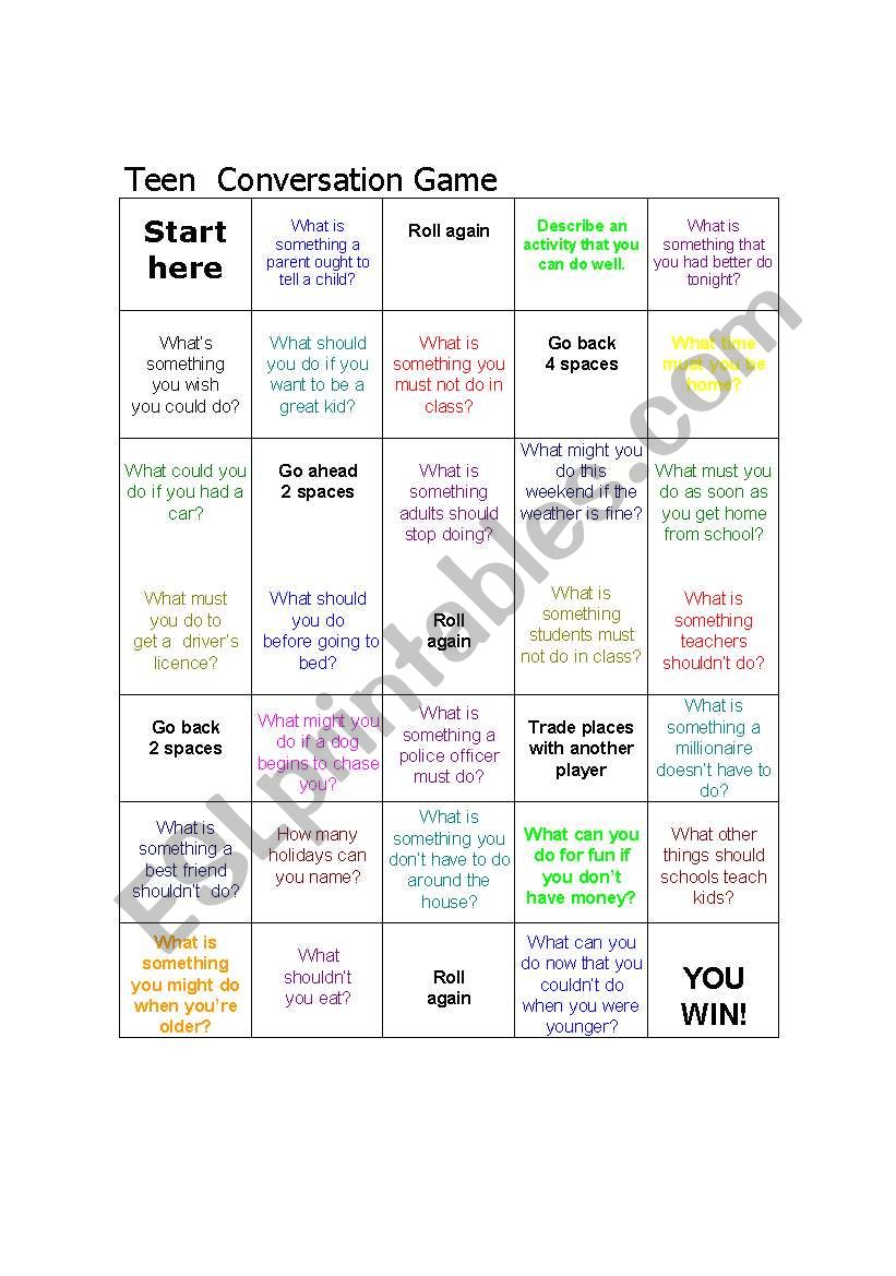 Teen Conversation Gameboard worksheet