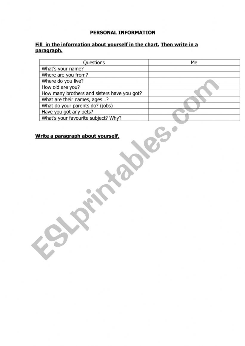 writing_ personal information worksheet