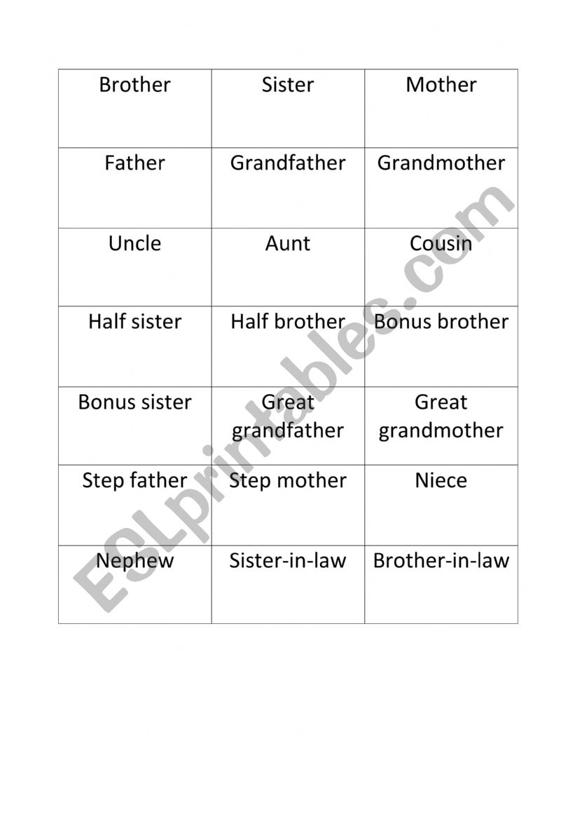 Family members talking cards worksheet