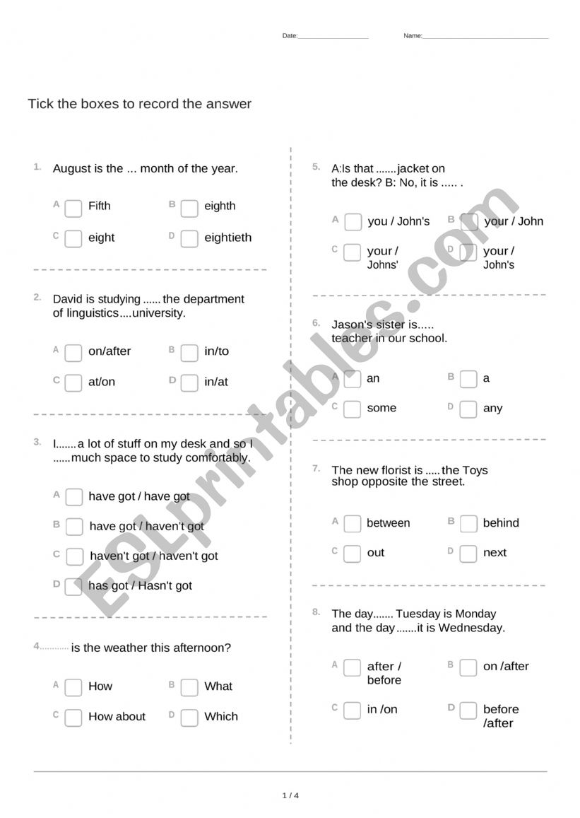 A Revision Test For 9th Grades