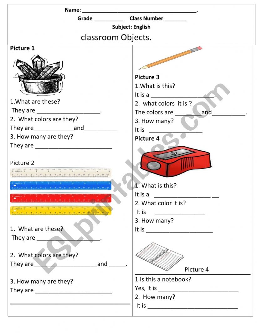 classroom objects worksheet