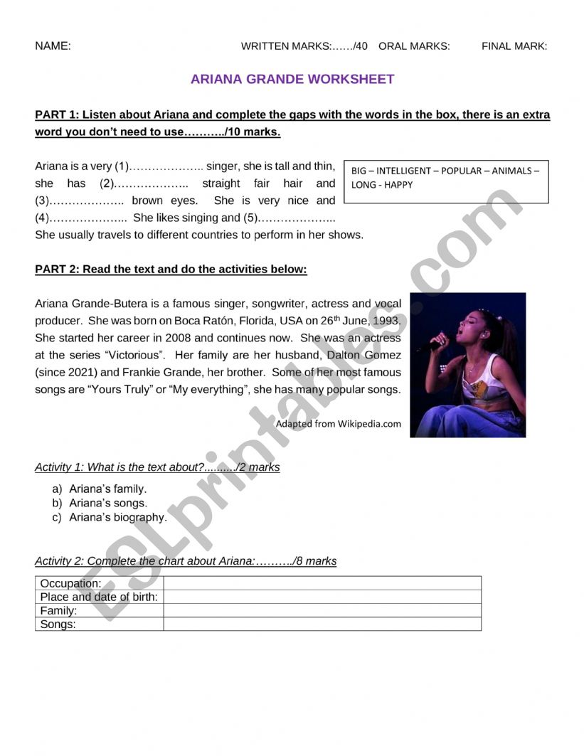 Ariana Grande worksheet